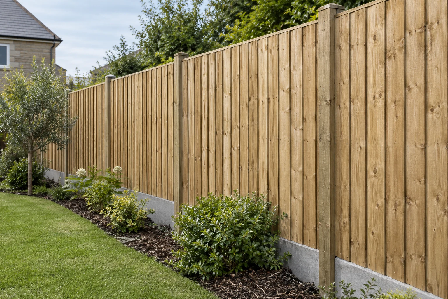Vertical feather-edge closeboard fence with gravel boards in a garden