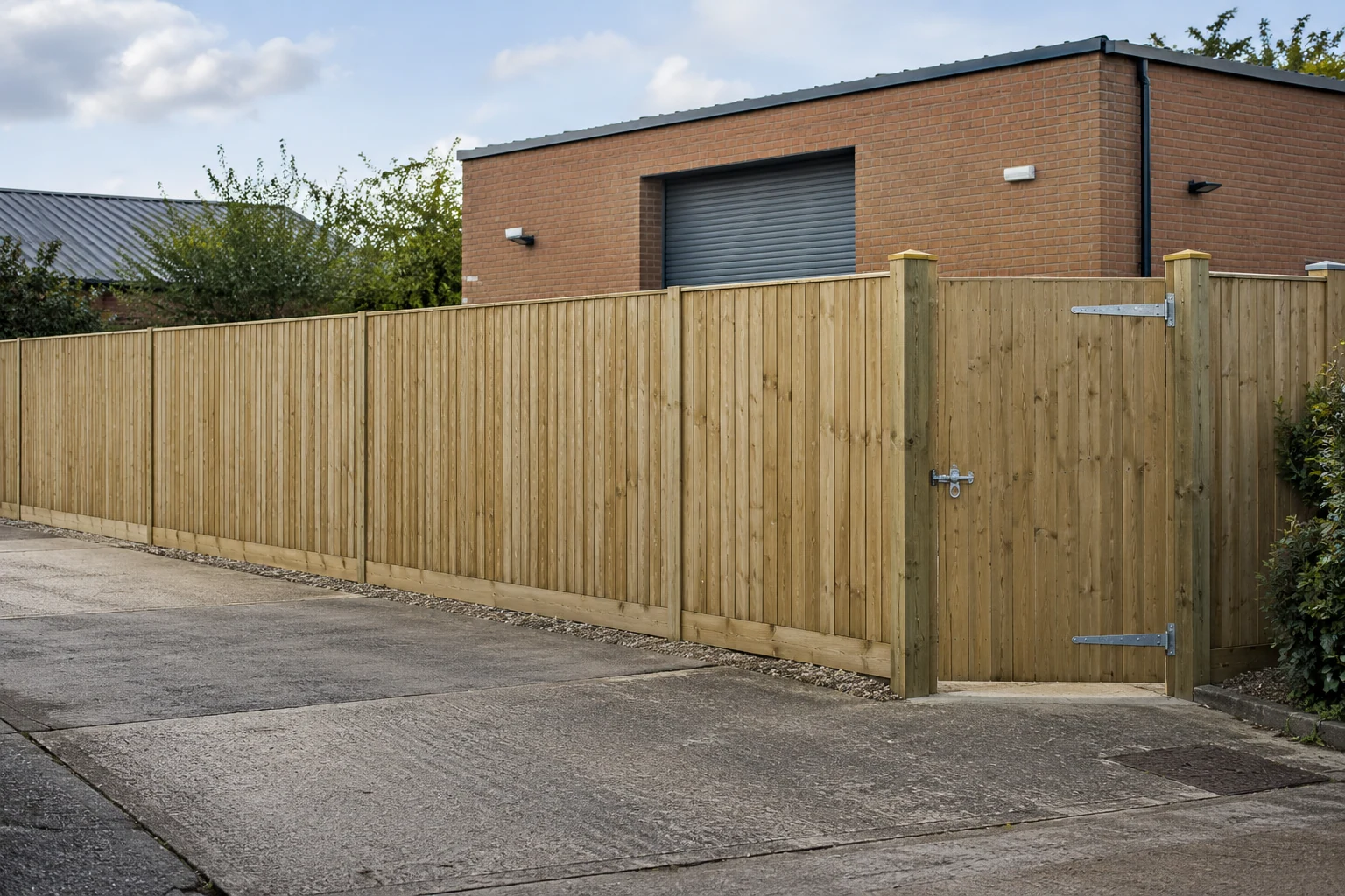 Timber closeboard screening and access gate around a business service yard