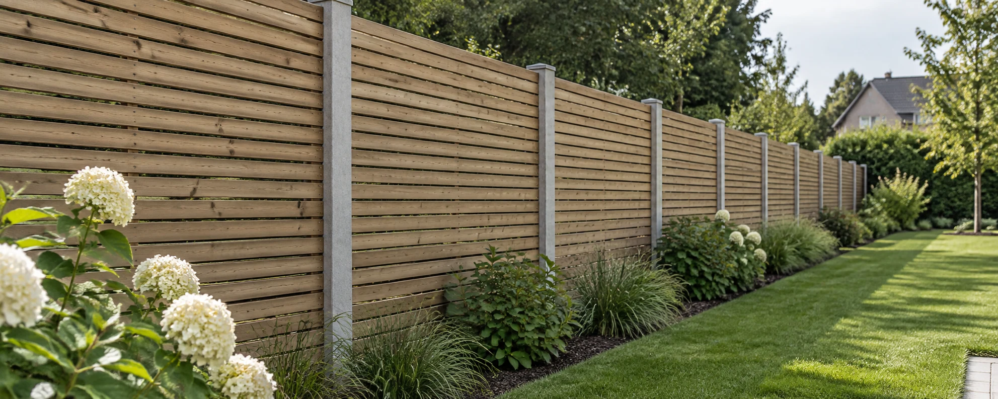 Horizontal timber slatted fence with concrete posts beside lawn and hydrangeas