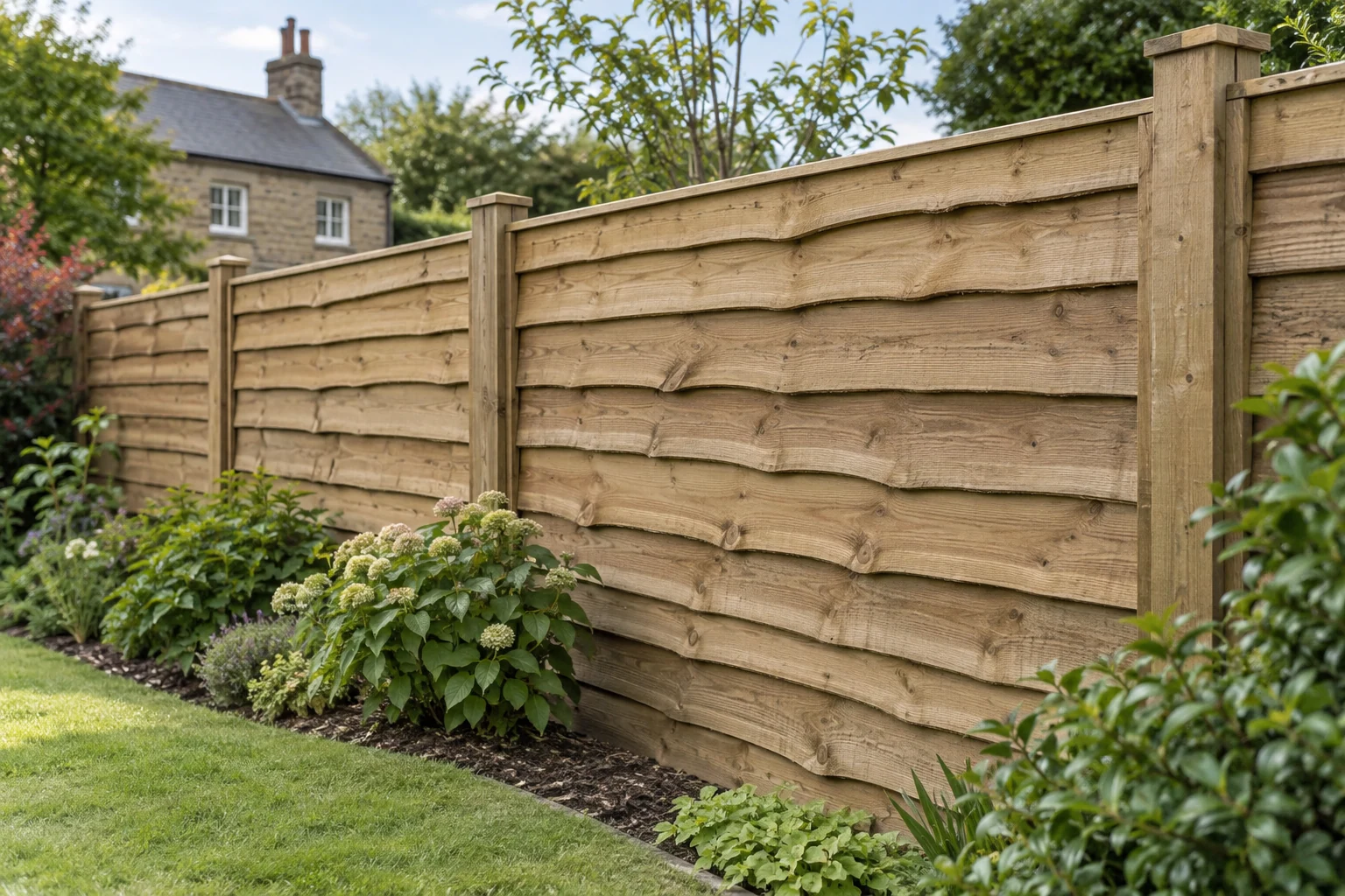 Traditional horizontal overlap timber fence panels between posts