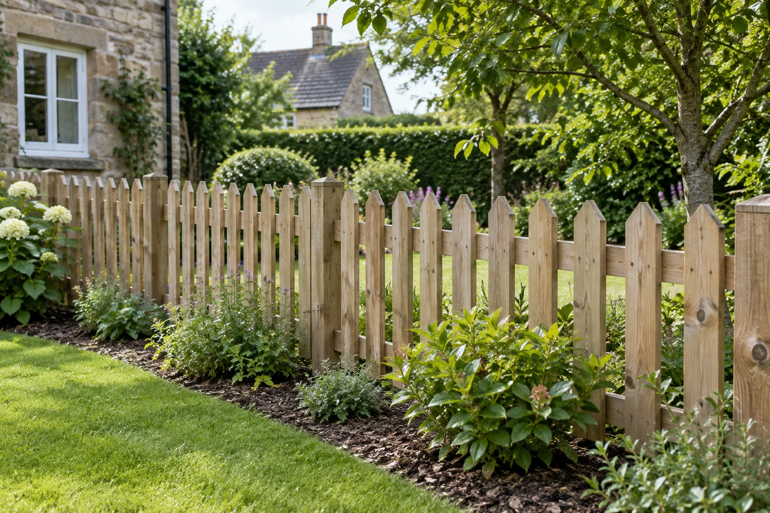 Low pointed timber picket fence bordering a garden