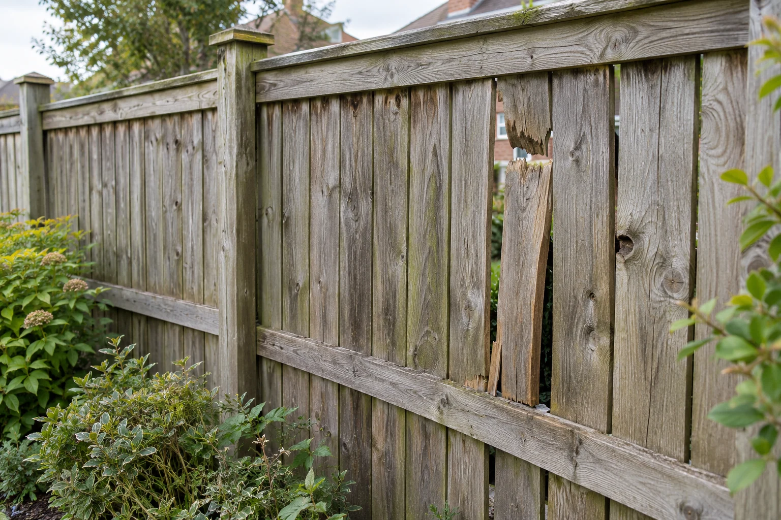 Weathered timber fence with a broken vertical board illustrating repair needs