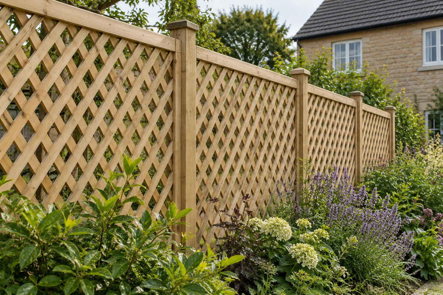 Diamond lattice timber trellis beside garden planting