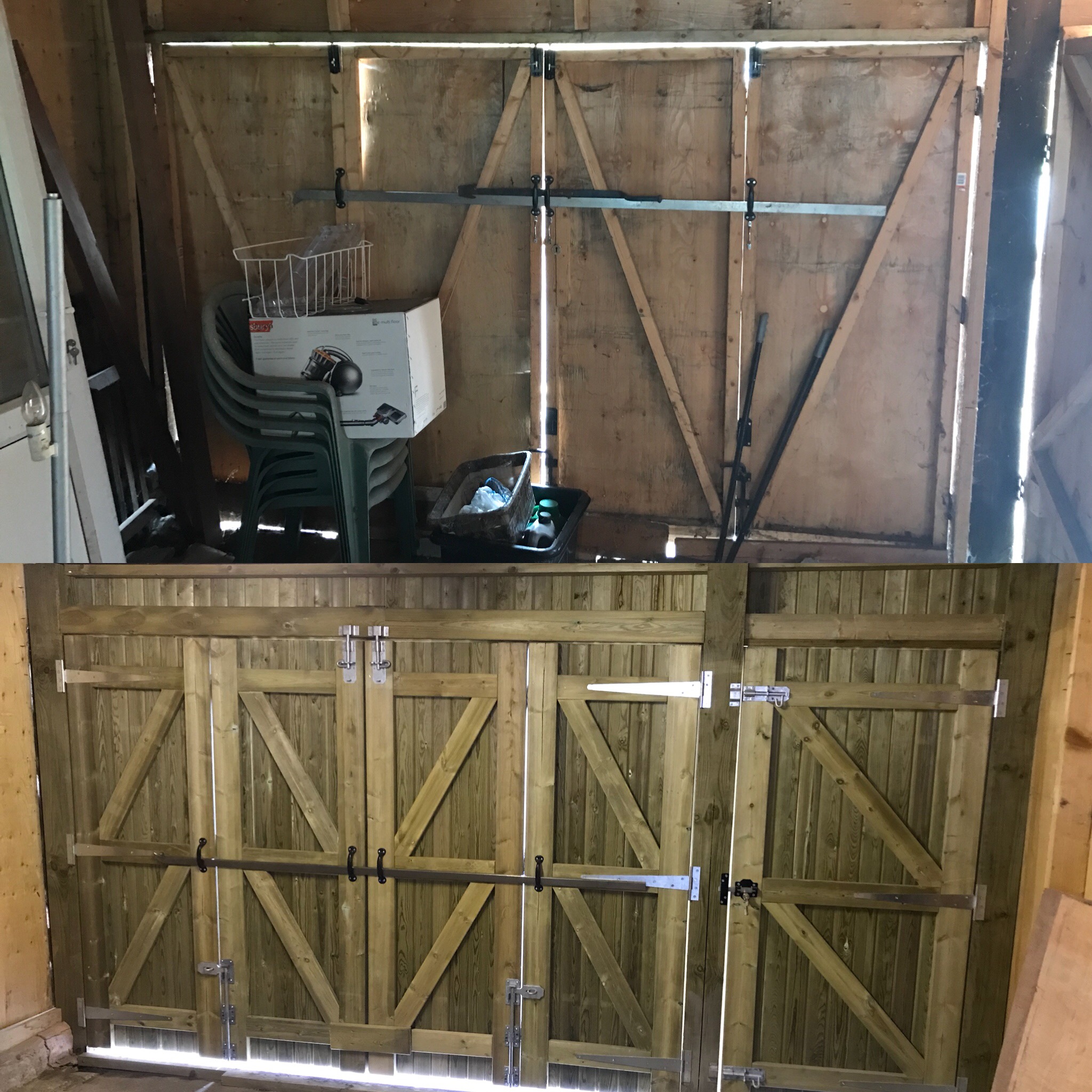 Supplied comparison views of double timber gates and their bracing and ironmongery.