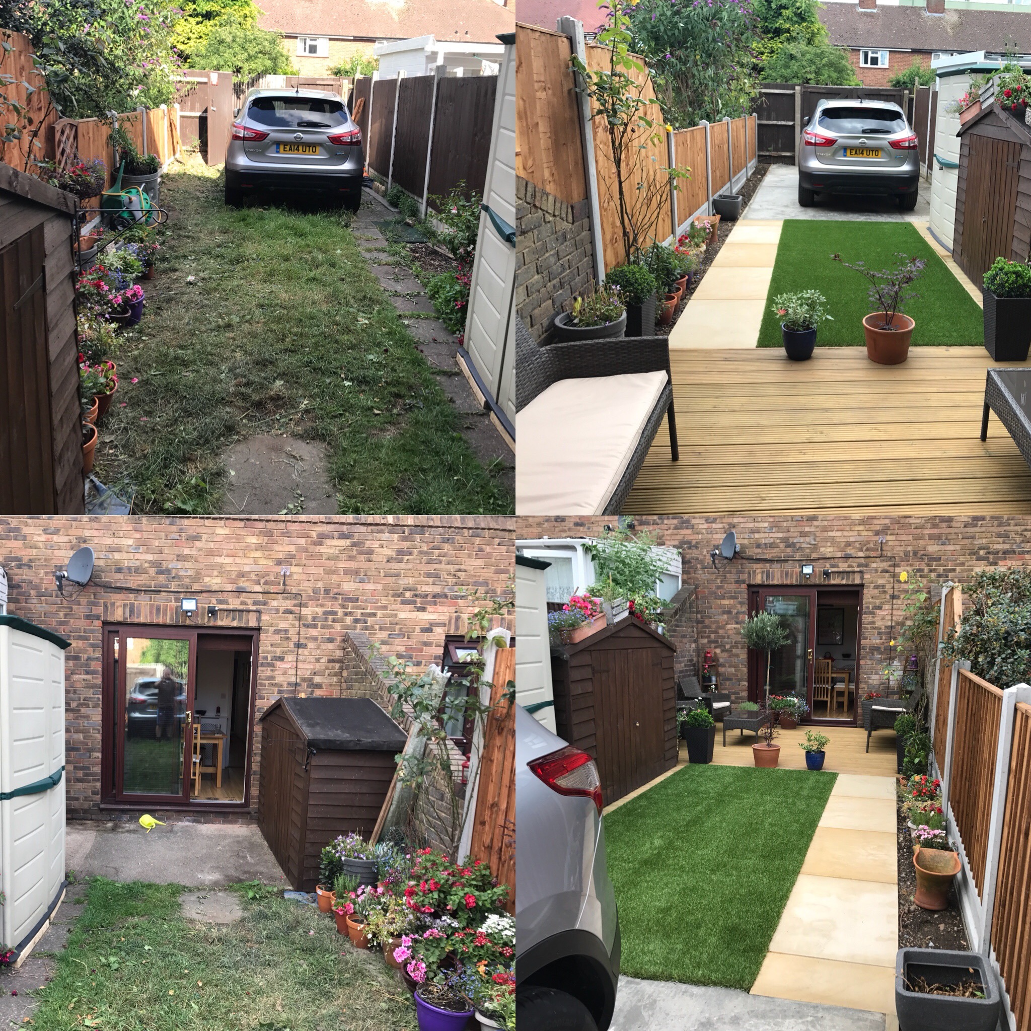 Supplied comparison views showing the garden, fencing and access to the parking area.