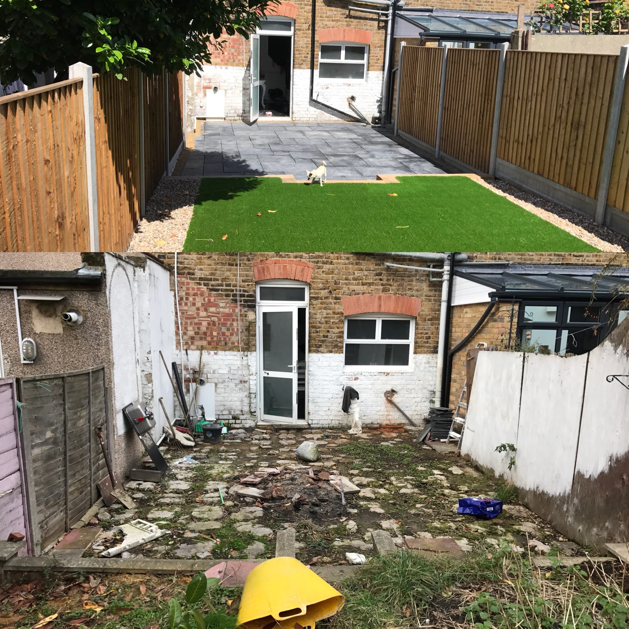 Before-and-after views showing timber fencing, concrete posts and a renewed patio area.