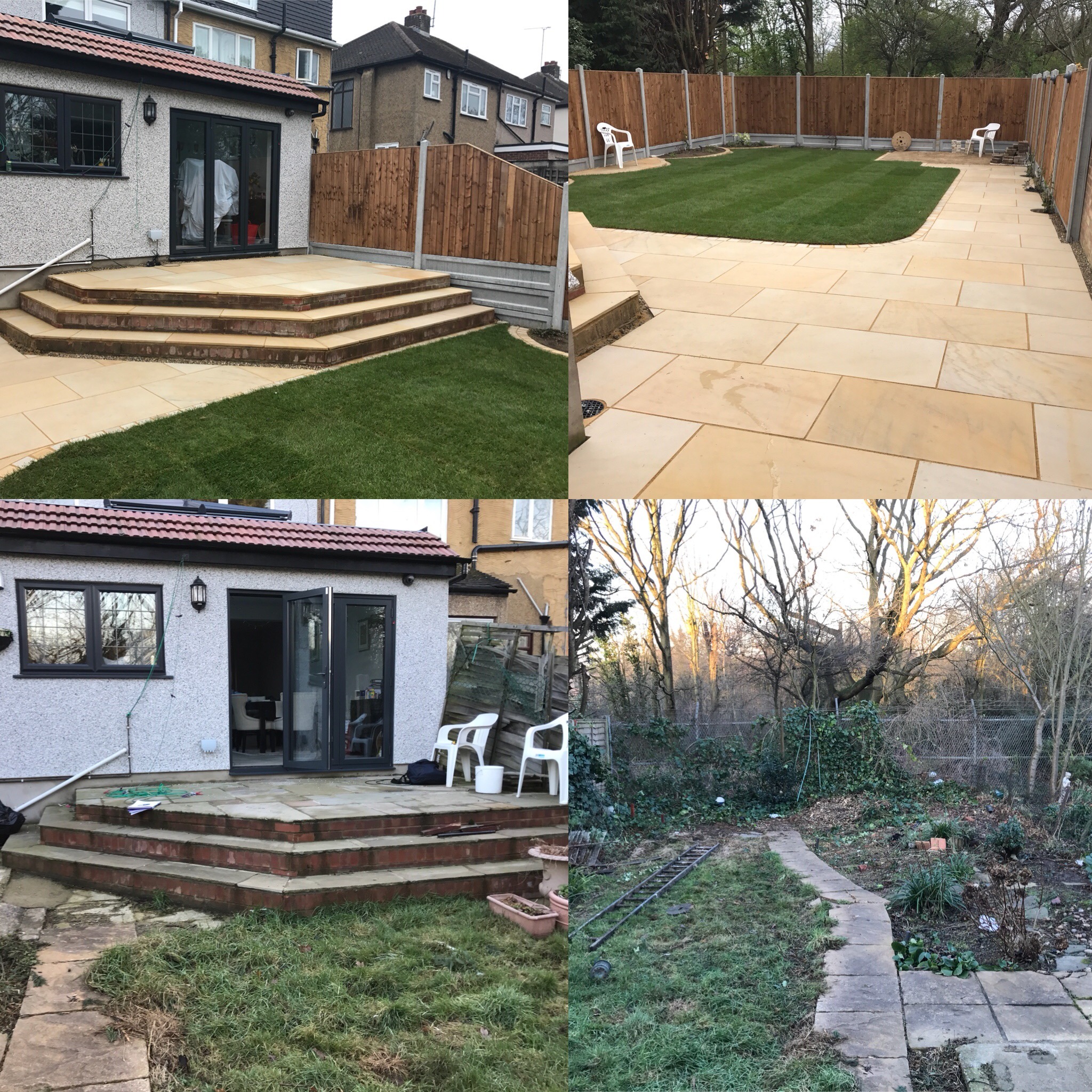 Supplied comparison photographs showing fencing, paving and the surrounding garden.