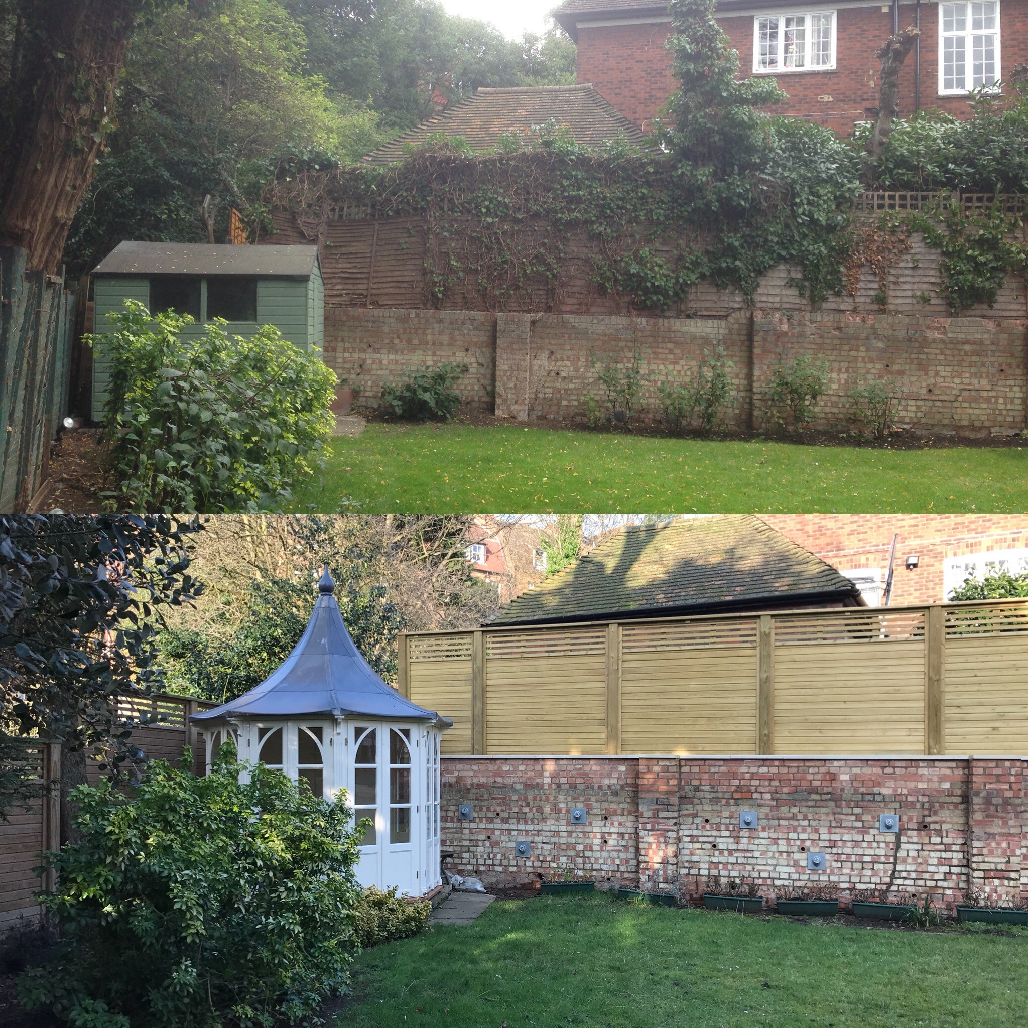 Supplied comparison views of a garden wall with replacement timber screening above it.