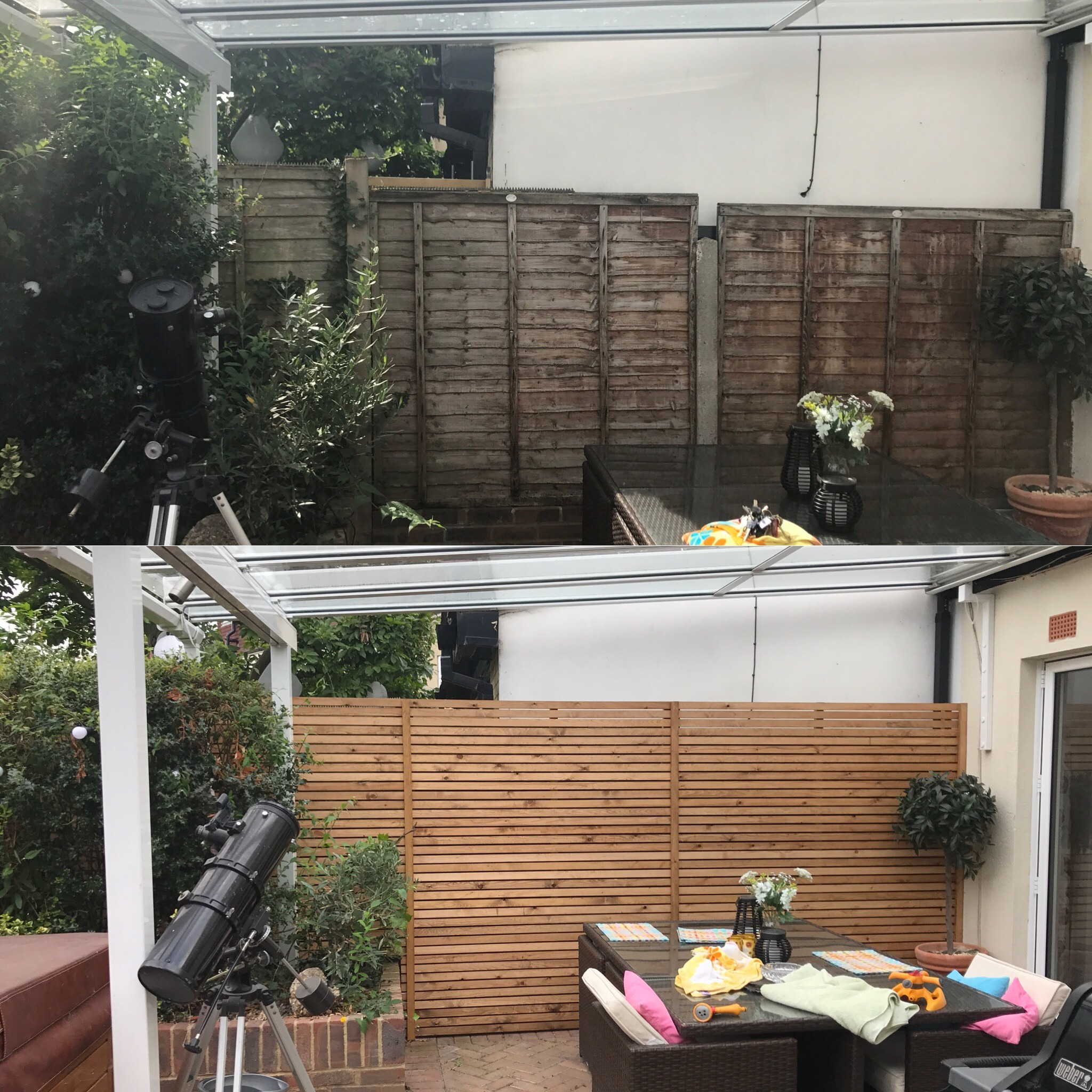 Supplied before-and-after views of older panels and a horizontal slatted screen.