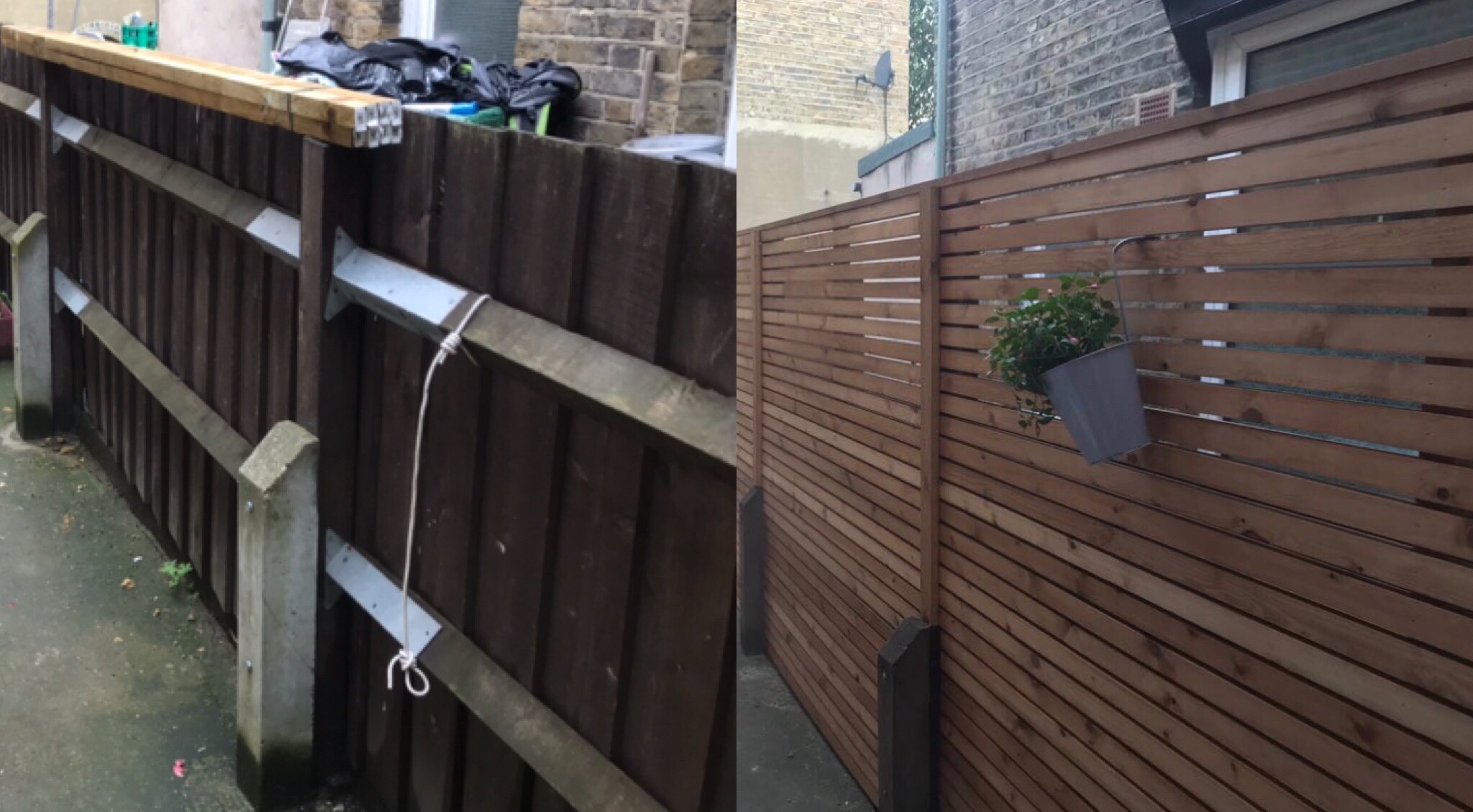 Comparison views of an existing timber boundary and horizontal slatted fencing.