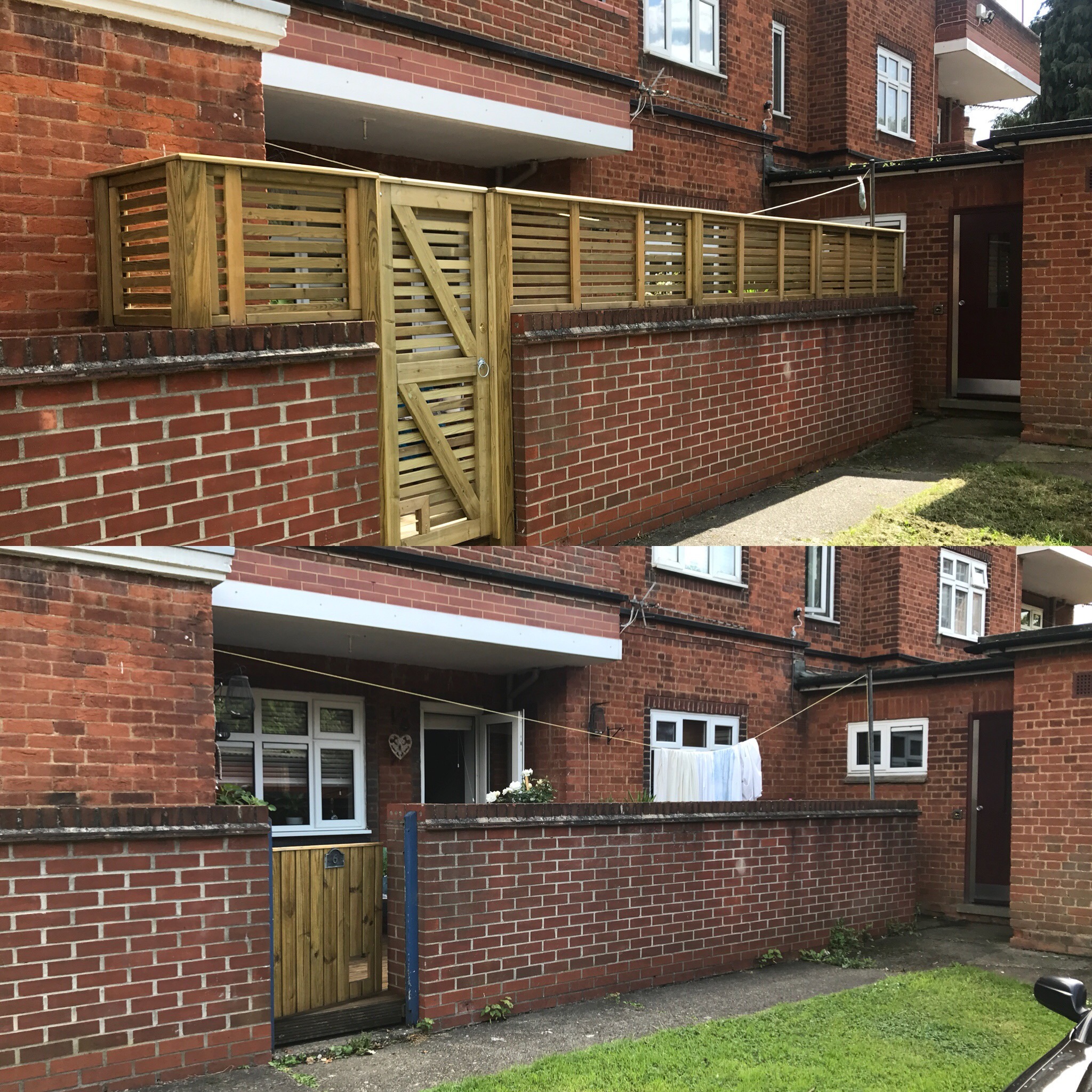 Supplied comparison showing slatted timber fencing and a matching gate above a brick wall.