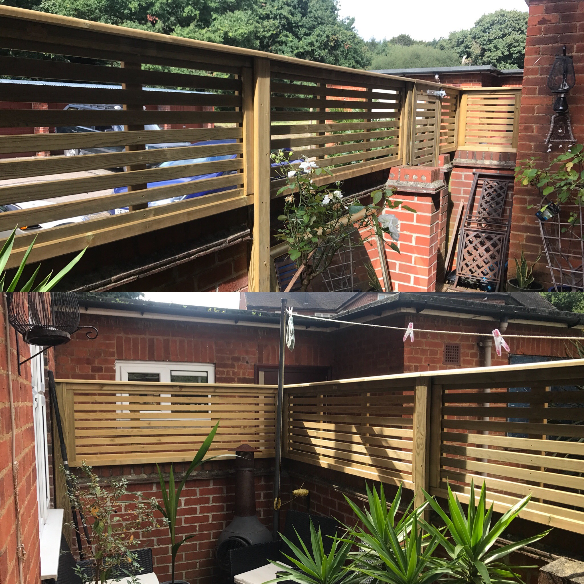 Two views of horizontal timber slats fitted above a brick boundary.