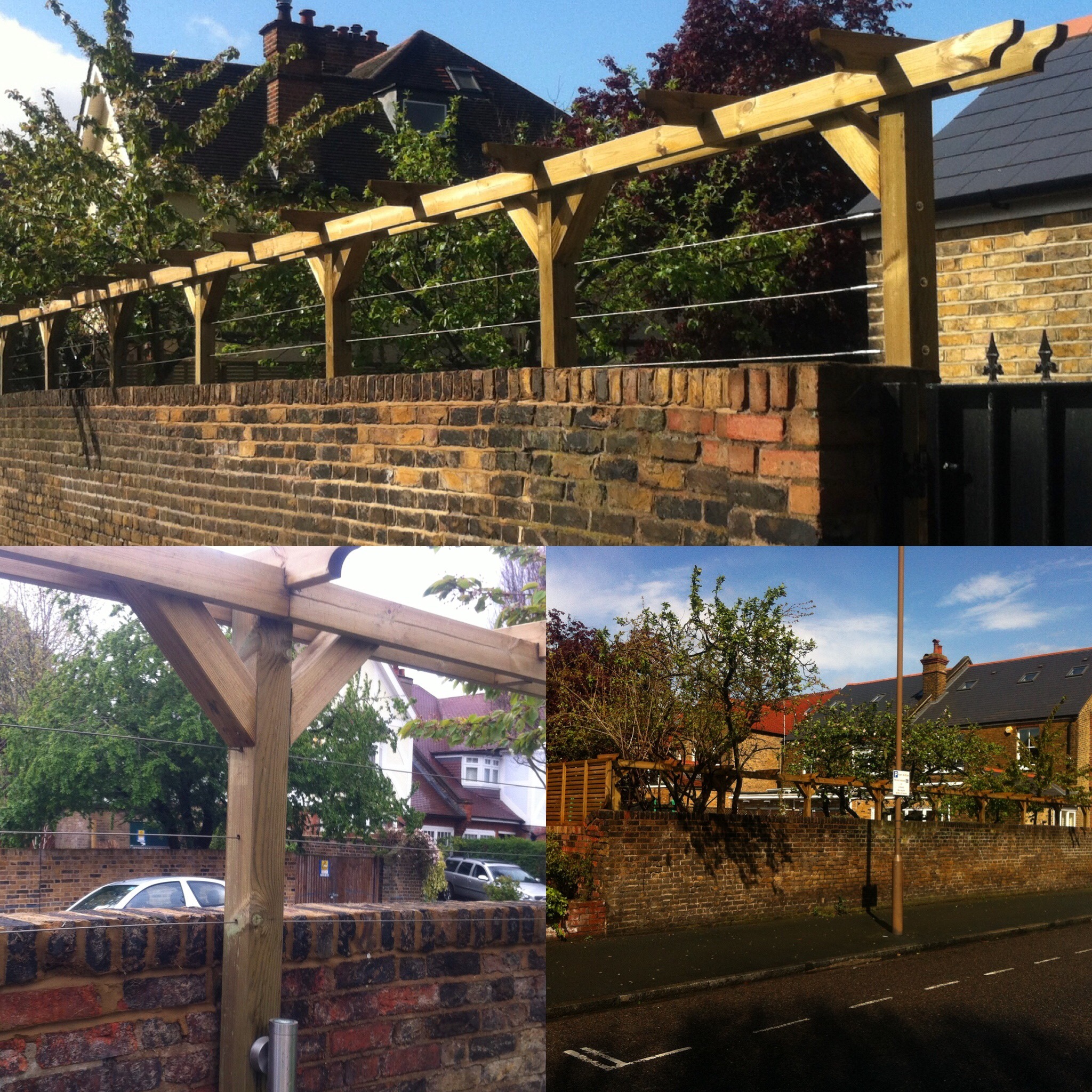 Timber framework with horizontal wires above an existing brick wall.