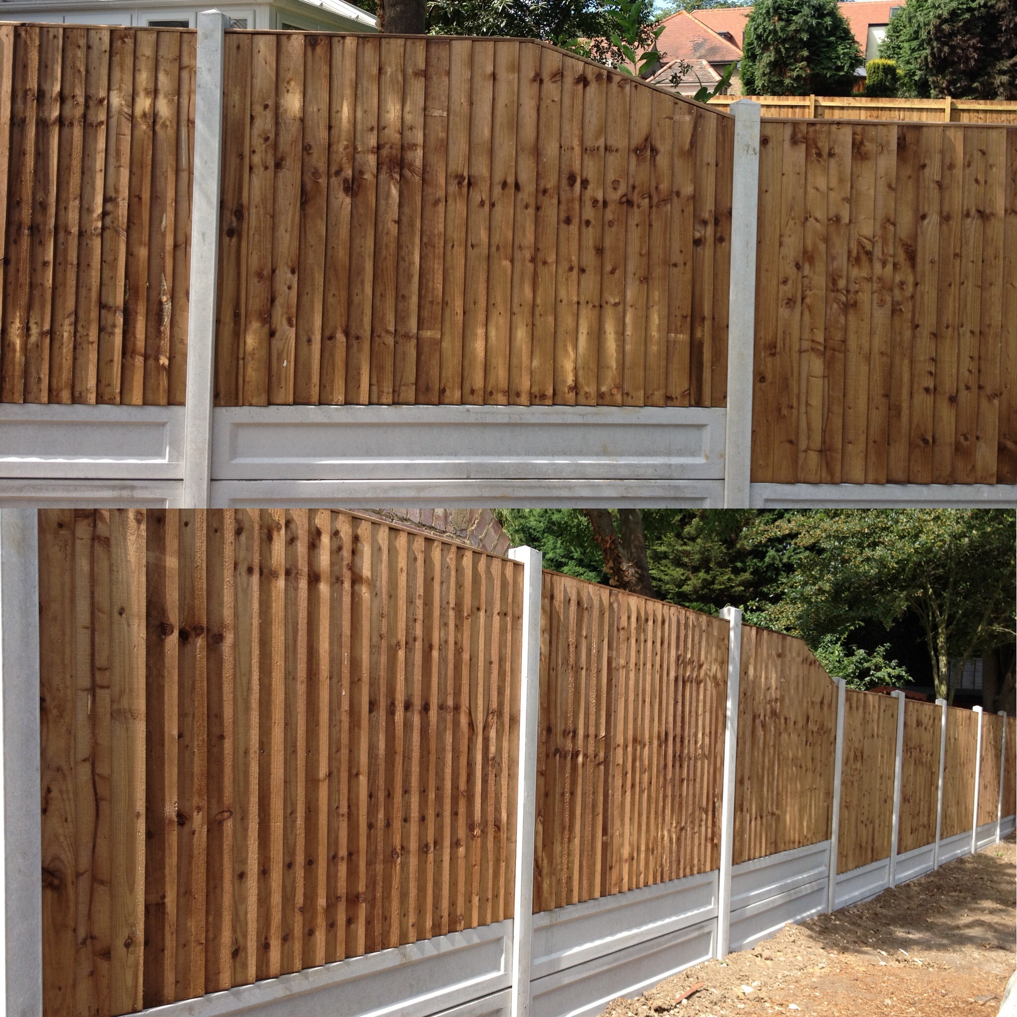 Timber fencing fitted between concrete posts above concrete gravel boards.