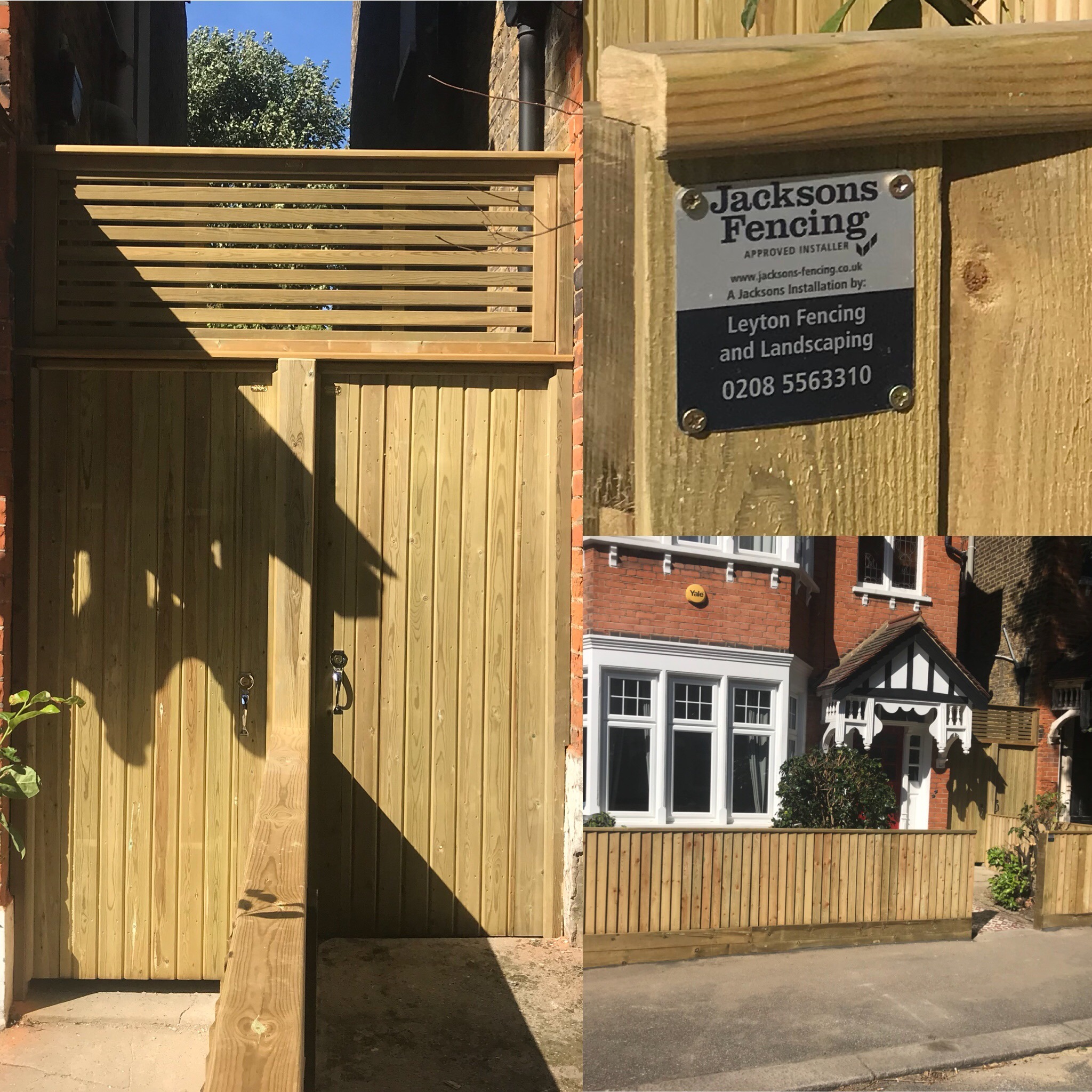 Supplied detail photographs of a timber gate, screening and front boundary. The original installer signage is retained in the photograph.
