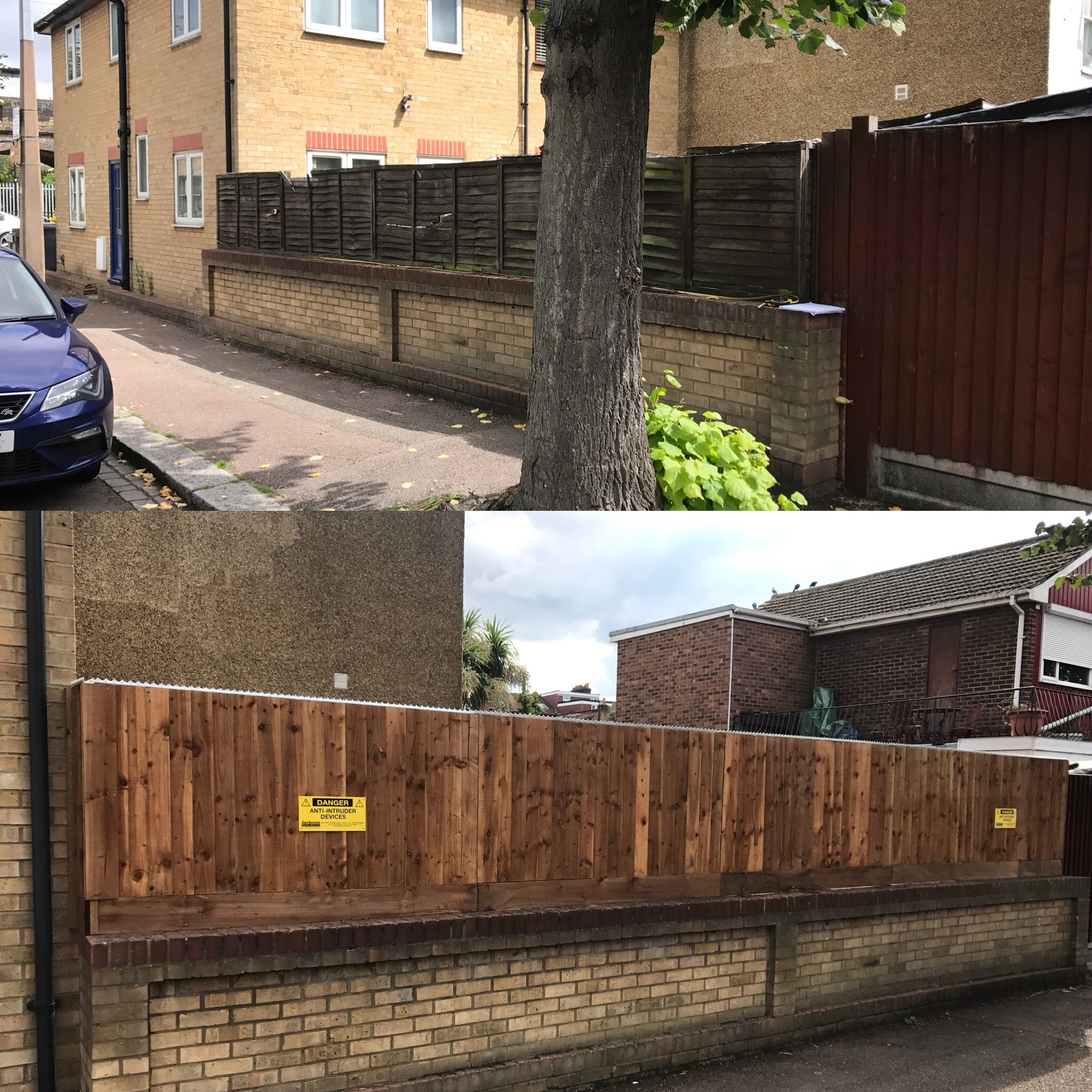 Supplied comparison views of fencing above an existing brick boundary wall.